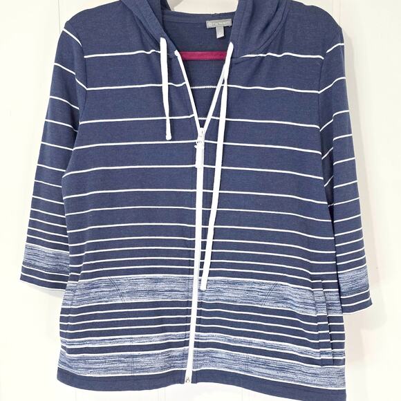 T by Talbots Zipper Hoodie Jacket Stretch Knit Blue Stripes 3/4 Sleeve Size LP - Picture 1 of 8